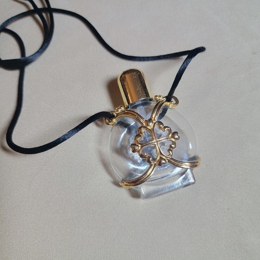 VTG Glass Bubble Blower Necklace Pendant Goldtone Metal Satin Cord Rare